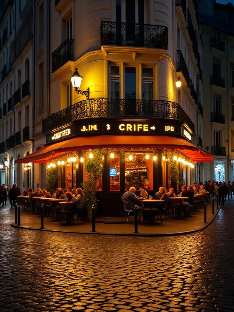 Parisian street at night with warm illuminations
